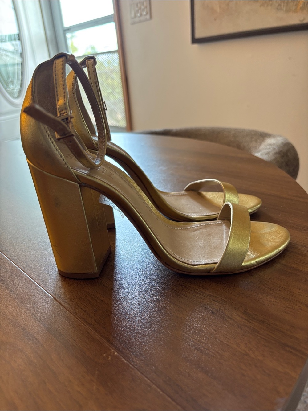 SCHUTZ Metallic Gold Block Heel Ankle-Strap Sandals